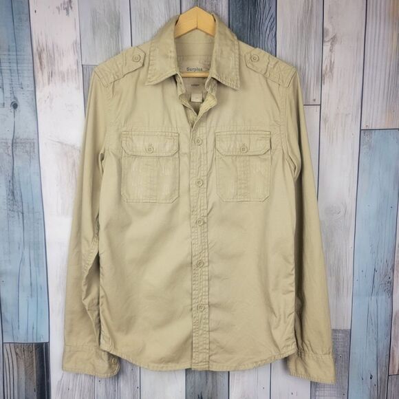 Surplus Raw Vintage Military Distressed Long Sleeve Button Down Shirt Khaki Med - Picture 1 of 8